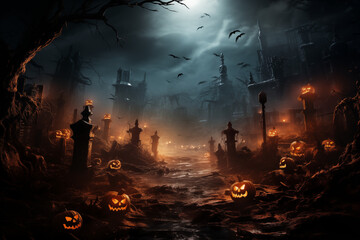 A spooky scene of zombies emerging from graves on Halloween night