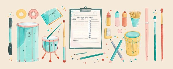 Watercolor illustration of art supplies including brushes, paints, palette, clipboard, and pencils on a beige background.