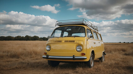Fototapeta premium A vintage looking yellow van with round headlights parked on a yellow grass field, during a summer overcast day, hot weather and blast from the past