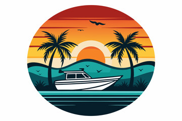 Retro sunset and sea black silhouette Surfing boat Vector Illustration - T-Shirt Design