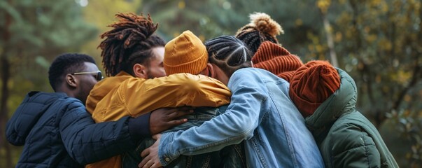 Young friends embracing warmly in the autumn forest