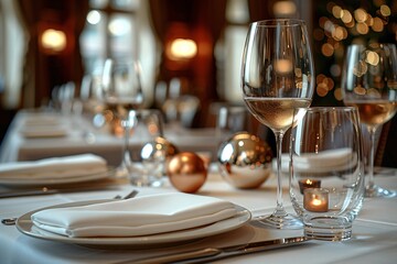 Fototapeta premium Elegant restaurant table setting with wine glasses, sparkling wine, and festive decorations.