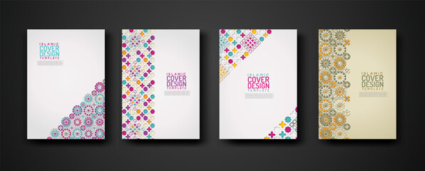 Set islamic cover design template with colorful detail and texture of floral mosaic islamic art ornament.