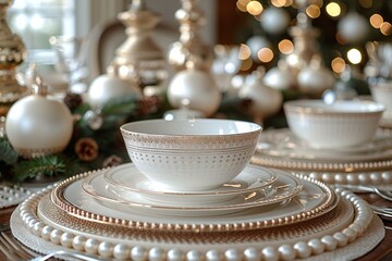 Fototapeta premium Elegant table settings featuring gold patterned dishes with Christmas decorations and soft lighting.