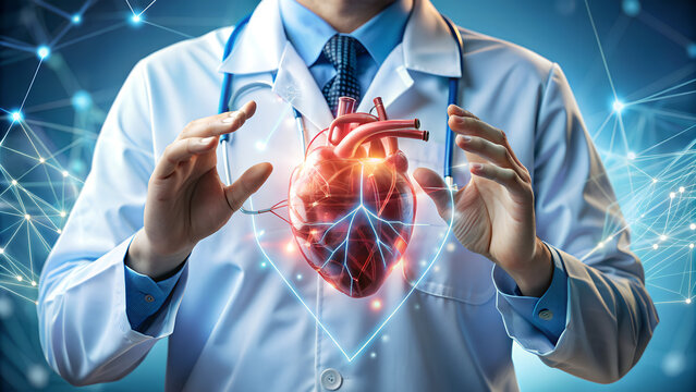 The cardiologist uses a virtual interface to study the functions of the patient's heart and blood vessels.