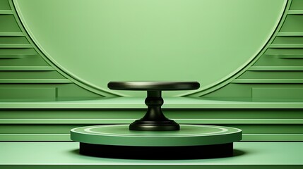 a set of stairs with a green background and a green wall with a staircase in the center.