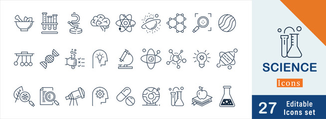 Science flat vector icon set. containing  Science, Research, DNA helix, Analysis , Study, Element, Laboratory glassware and more icons. simple line vector © PARVEZ