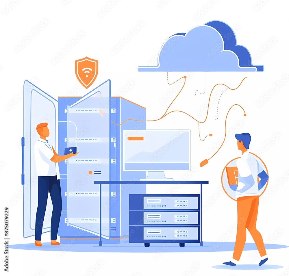 Poster flat illustration of a man working on a computer with clouds and storage, data center server equipme