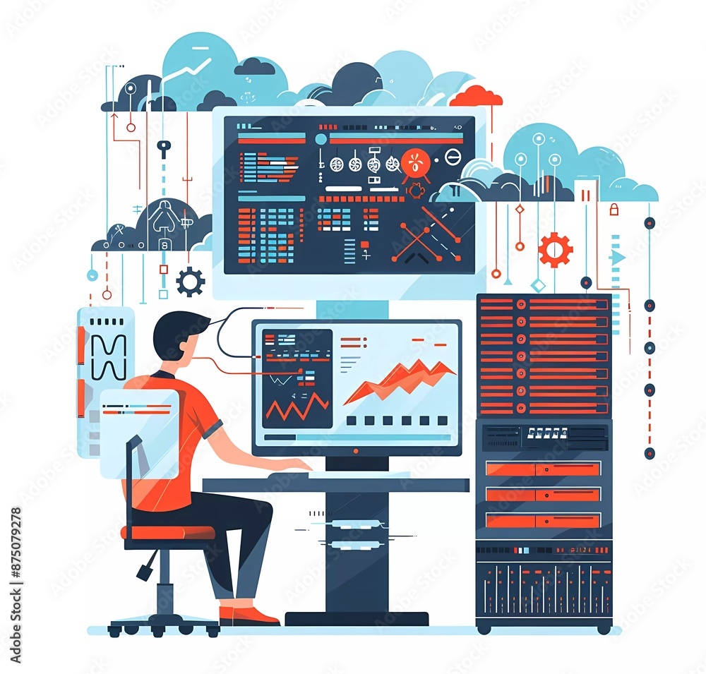 Poster flat illustration of a man working on a computer with clouds and storage, data center server equipme