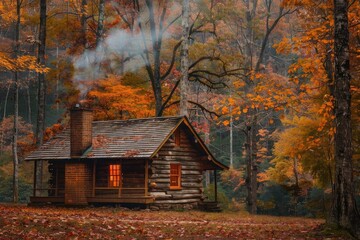 Serene autumn scene of a cozy log cabin with smoke from its chimney, nestled in a forest with vibrant fall foliage all around.