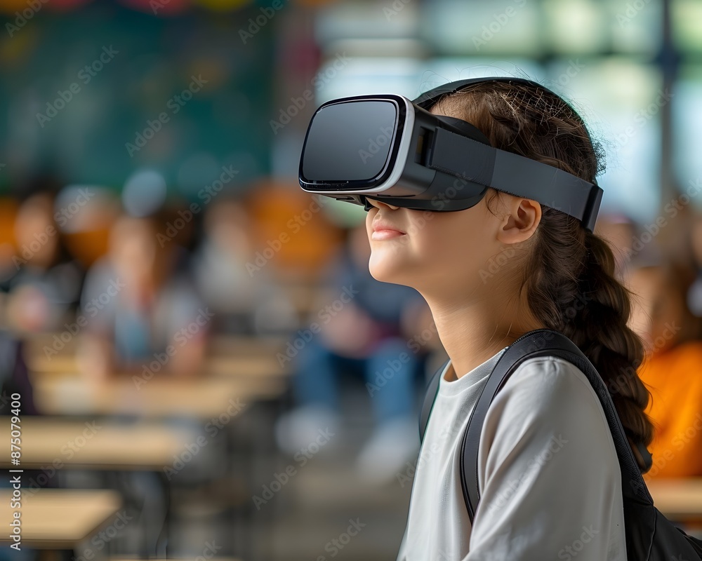 Poster student attending virtual classroom with interactive lessons using vr headset