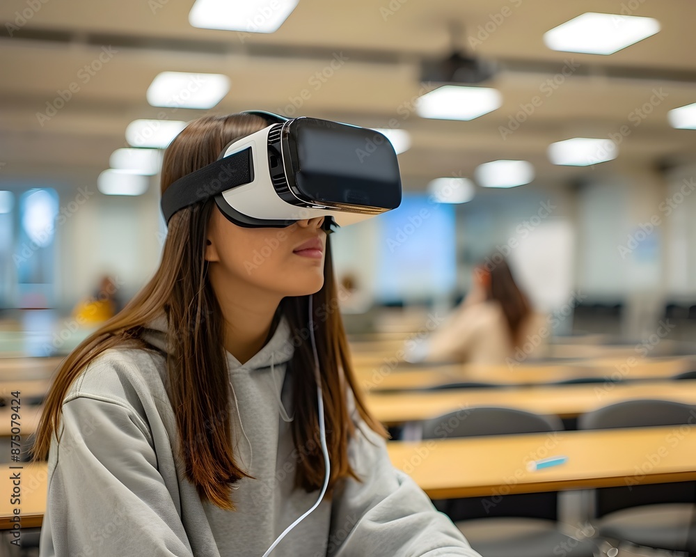 Poster student wearing vr glasses attending virtual classroom with interactive lessons
