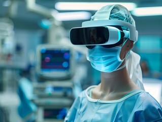 Doctor Wearing VR Glasses Performing Simulated Surgery in Virtual Operating Room
