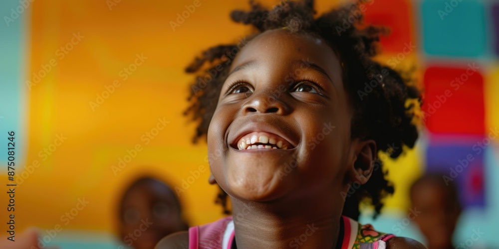 Poster close up of elementary student looking at camera while laughing at classroom with blurring backgroun