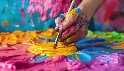 Fototapeta premium Joyful Artist Painting in a Colorful Studio, Creative Expression and Imagination in Action, Colorful Palette, Creative Process, Abstract Art, Happy Painting, Artistic Expression, Vivid Colors,