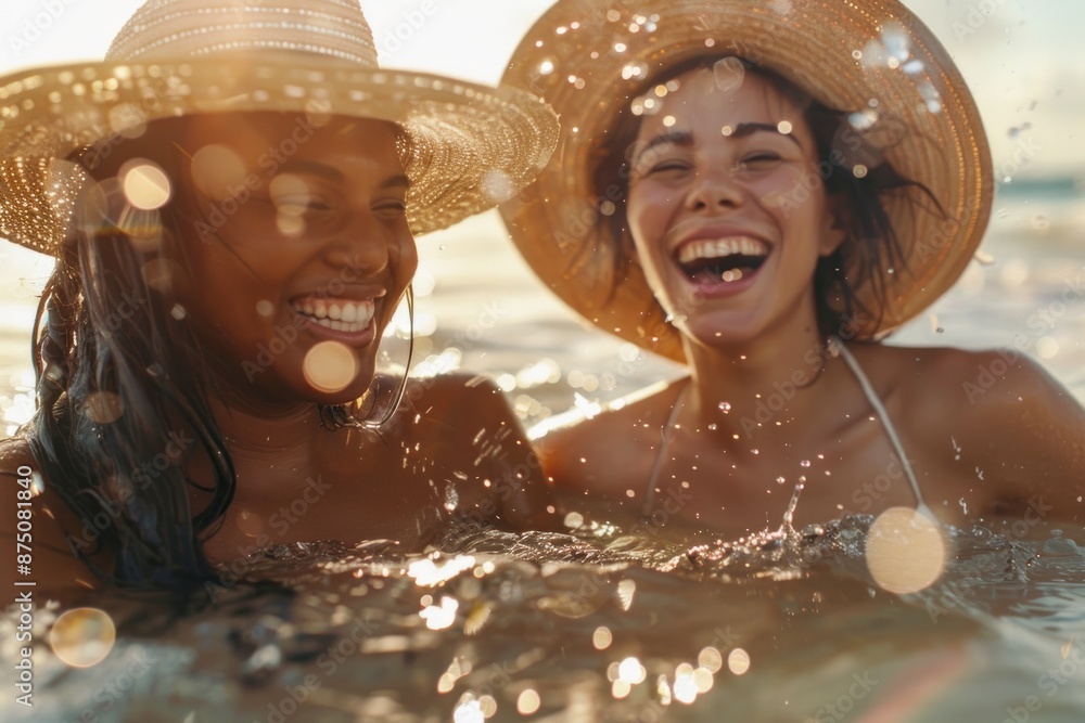 Wall mural joyful multiethnic women laughing in the sea, wearing stylish hats and swimwear, with sunlit water d