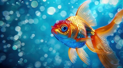 Fototapeta premium Little goldfish swimming in clear transparent blue water, macro photo of fish