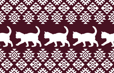 Cat pattern. Seamless. White stripes, colorful background. Ethnicity. Floral patterns, printed fabrics, pants, Lanna.	