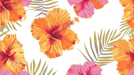 Aloha Hawaiian T Shirt Pattern with Hibiscus in Orange and Pink on White Background