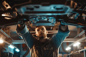 Mechanic vehicle service checking under car in garage
