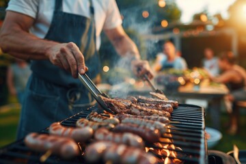 Man in an apron grilling meat on the grill at home, outdoor barbecue party with family and friends