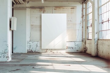 Mockup of a blank vertical banner stand placed in a modern office environment with large windows overlooking