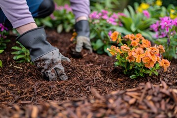 person wearing gloves as they spread mulch in a flower