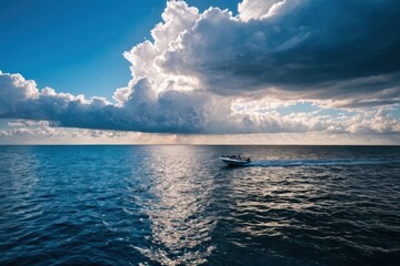 Obraz premium a large body of water with some clouds in the sky and a boat in the middle of the water,