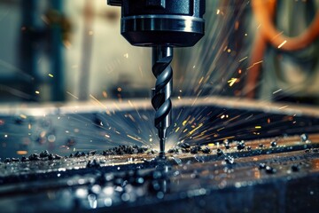 Precision and power. Close-up of a drill drilling into metal