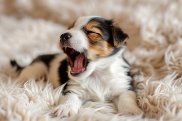 puppy yawning, lying on a fluffy white carpet