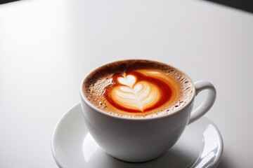  a close up of a cup of coffee on a white surface with a red dot in the foam,