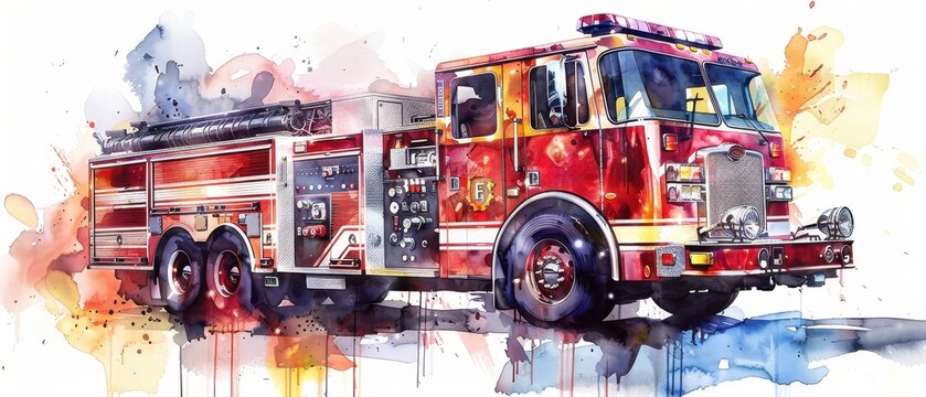 Colorful watercolor painting of a fire truck with artistic splashes. Perfect for posters, prints, or creative designs.