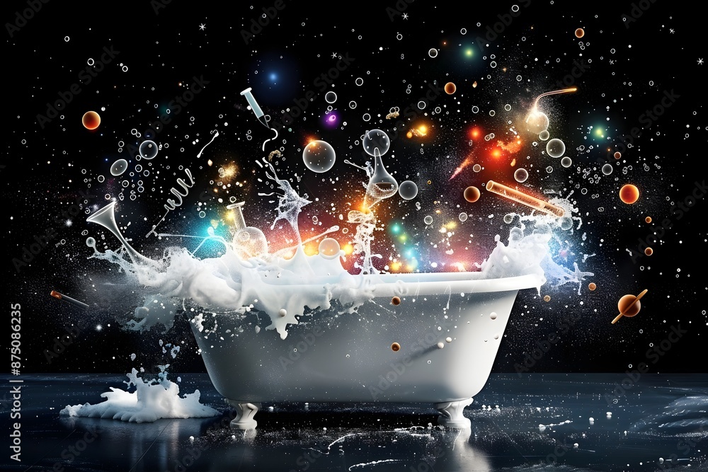 Poster Vibrant Explosion of Chemical Reactions Bubbling in Bathtub Scene