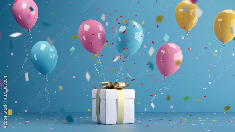 Poster A box with a gold bow is surrounded by colorful balloons and confetti