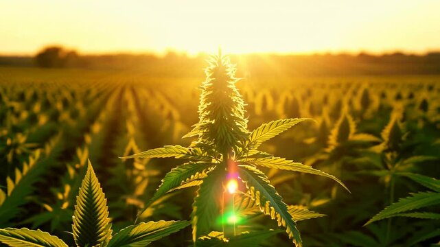 Cannabis field at sunset with close-up of marijuana leaves