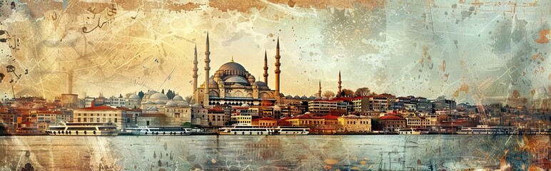 Fototapeta premium photo collage with an ancient city. Paper texture. AI generated illustration