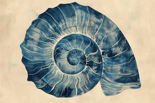 Elegant nautilus shell illustration in blue and white on beige background for travel and art design concept