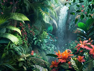 Hidden Waterfall in Lush Tropical Rainforest Environment Stock Photo