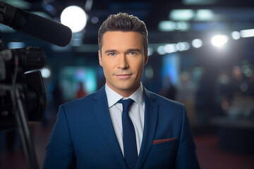 Fototapeta premium Professional reporter journalist in front of camera making breaking news reportage Generative AI picture