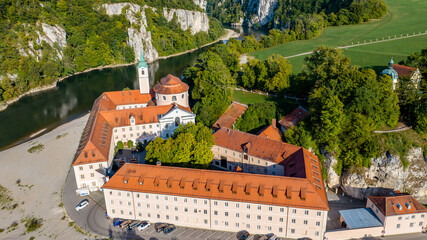 Aerial view of Weltenburg Monastery, Benedictine Abbey, on the Danube, Kelheim, Bavaria, Germany © David Brown