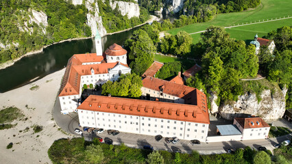 Germany, Bavaria, Kelheim,  Aerial view of Weltenburg Monastery, Benedictine Abbey, on the Danube © David Brown