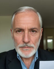 selfie photograph of a man, age about 60, white beard, short black hair, natural beauty,