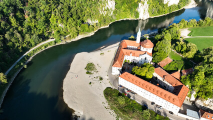 Germany, Bavaria, Kelheim,  Aerial view of Weltenburg Monastery, Benedictine Abbey, on the Danube © David Brown