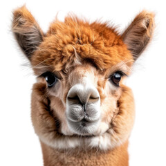 Fototapeta premium Close-up of a cute alpaca with fluffy fur and big eyes, perfect for animal lovers and nature-themed stock photos.