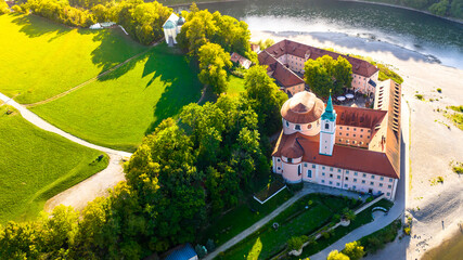 Germany, Bavaria, Kelheim,  Aerial view of Weltenburg Monastery, Benedictine Abbey, on the Danube
