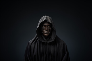 A man dressed as a grim reaper for Halloween standing in front of a isolated background