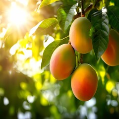 Fresh mangoes hanging on tree blurry sunlight background, AI Generated