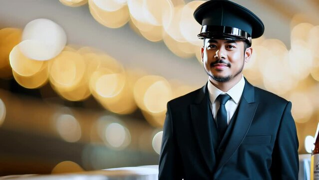 Confident chauffeur in uniform standing with bokeh lights background