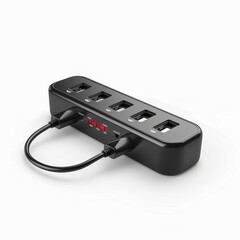 A black USB hub with six ports and a power cord. The hub is isolated on a white background.