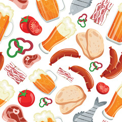seamless pattern of various grilled food and various snacks and beer in various glasses, for various designs or banners